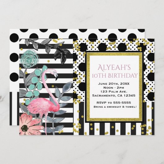 夏のピンクのフラミンゴ水玉パーティー招待状 招待状 (正面/裏面)