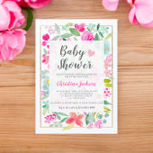 夏のピンクのフローラ水色金ゴールド赤ちゃんシャワー 招待状