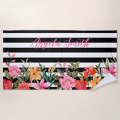 夏のピンクの水の色のフローラと名前 ビーチタオル (正面)