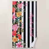 夏のピンクの水の色のフローラと名前 ビーチタオル (正面)