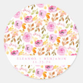 夏のピンクの水色のフローラカスタムウェディング ラウンドシール (正面)