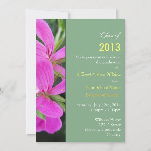 夏のピンクの花花花花卒業式パーティー 招待状 (正面)