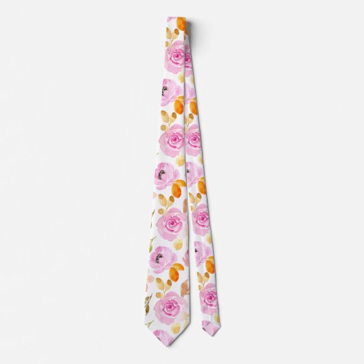 夏のピンクガーリーの水彩花模様 ネクタイ (正面)