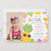 夏のピンク写真パイナップルアロハ1st誕生日 招待状 (正面)