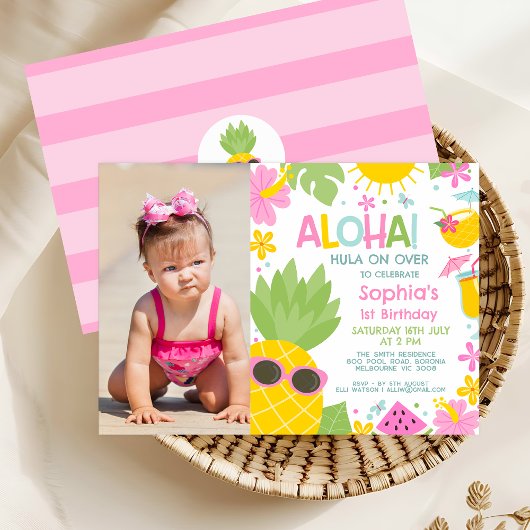 夏のピンク写真パイナップルアロハ1st誕生日 招待状