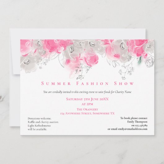 夏のファッションショーイベント花模様ピンクグレー 招待状 (正面)