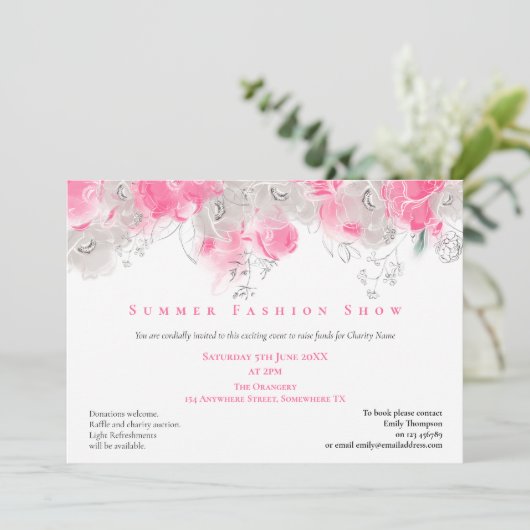 夏のファッションショーイベント花模様ピンクグレー 招待状 (スタンド正面)