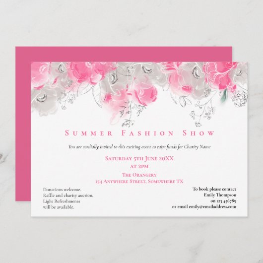 夏のファッションショーイベント花模様ピンクグレー 招待状 (正面/裏面)