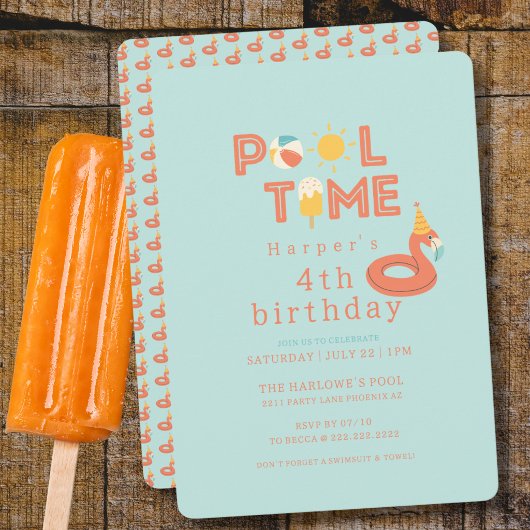 夏のフラミンゴの棒アイス 子供の誕生日 プールパーティー 招待状