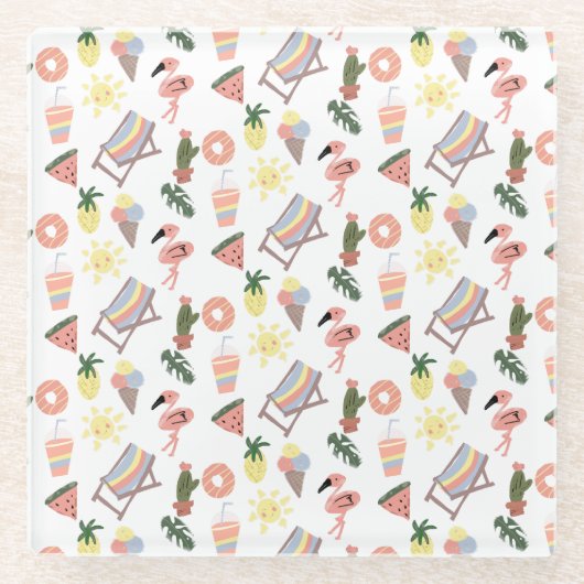 夏のフラミンゴ手描きドードル ガラスコースター (正面)