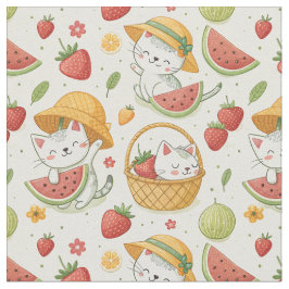 夏のフルーツと猫のパターン - キッズ向けのピクニックデザイン ファブリック