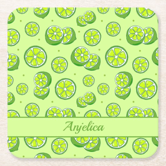 夏のフルーツライムとライムスライス スクエアペーパーコースター (正面)