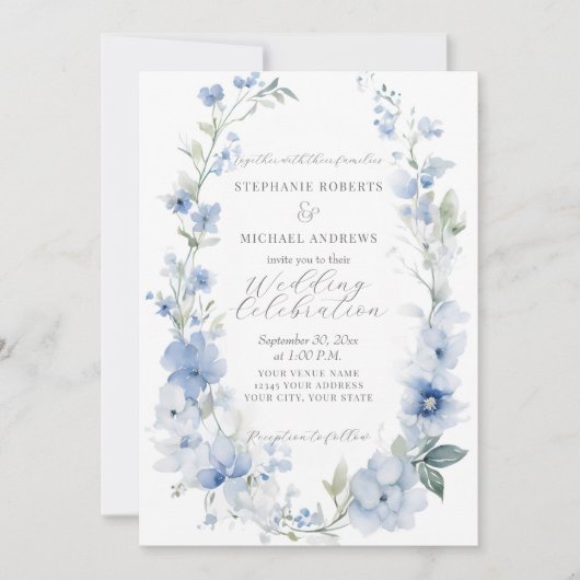 夏のフローラエレガントブルーと白結婚の 招待状 (正面)