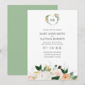 夏のフローラオレンジの植物性モノグラム結婚のイン 招待状 (正面/裏面)