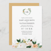 夏のフローラオレンジの植物性モノグラム結婚のイン 招待状 (正面/裏面)