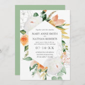 夏のフローラオレンジ幾何学植物結婚の 招待状 (正面/裏面)