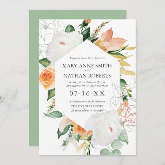 夏のフローラオレンジ幾何学植物結婚の 招待状 (正面/裏面)