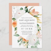 夏のフローラオレンジ幾何学植物結婚の 招待状 (正面/裏面)