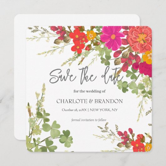 夏のフローラガーデンワイルドフラワー結婚ズ 招待状 (正面/裏面)