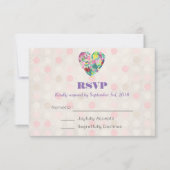 夏のフローラハートのピンクと緑の結婚式RSVP 出欠カード (正面)