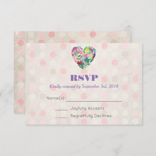 夏のフローラハートのピンクと緑の結婚式RSVP 出欠カード (正面/裏面)