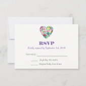 夏のフローラハートのピンクと緑の結婚式RSVP 出欠カード (正面)