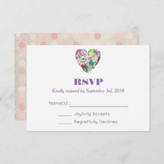 夏のフローラハートのピンクと緑の結婚式RSVP 出欠カード (正面/裏面)