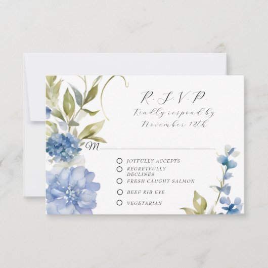 夏のフローラブルーと白エレガントな結婚式 出欠カード (正面)
