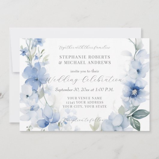夏のフローラブルーと白エレガントな結婚式 招待状 (正面)