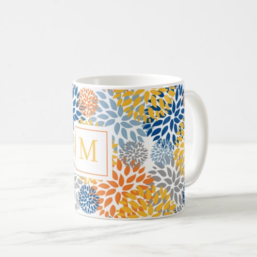 夏のフローラ抽象芸術の明るい色モノグラムの コーヒーマグカップ (正面右)