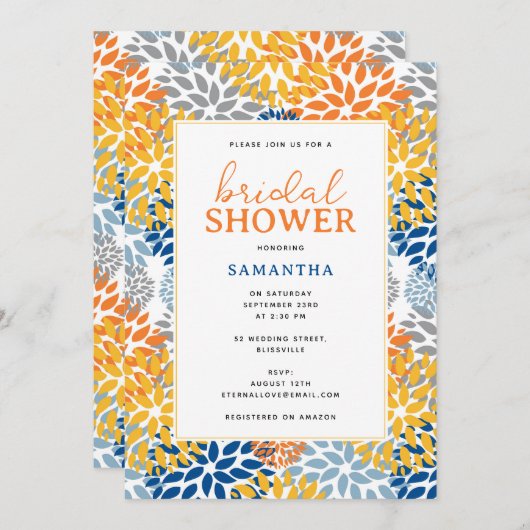 夏のフローラ抽象芸術ブライトカラーブライダルシャワー 招待状 (正面/裏面)