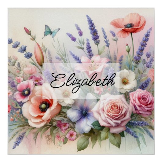 夏のフローラ水の色のバララベンダーポピー ポスター (正面)