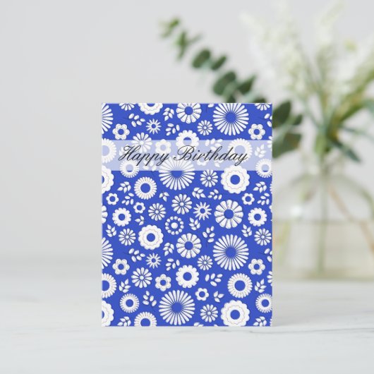 夏のフローラ深いブルーハッピーバースデーはがき ポストカード (スタンド正面)
