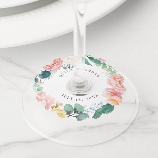 夏のフローラ結婚ワイングラスラベル ワイングラスタグ (クローズアップ)