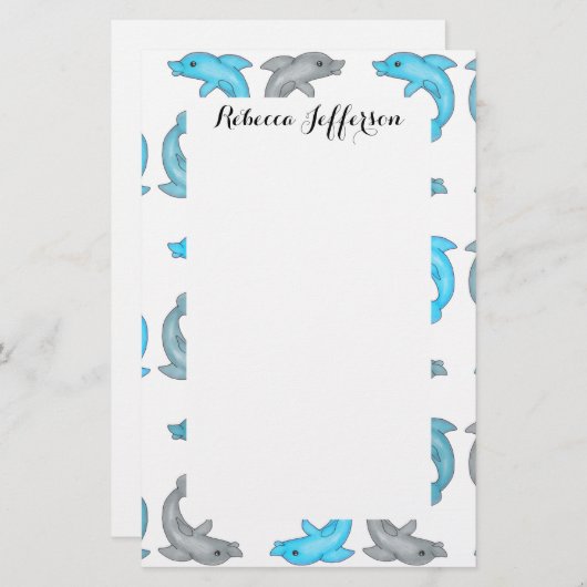 夏のブルーグレーのかわいいイルカのイラストレーション 便箋 (正面/裏面)
