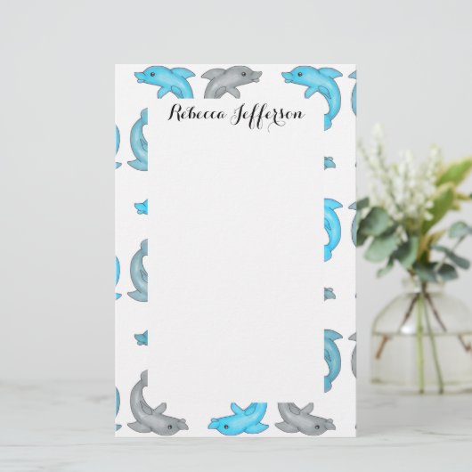夏のブルーグレーのかわいいイルカのイラストレーション 便箋 (スタンド正面)