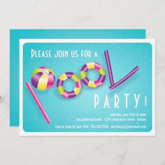 夏のプールを囲んでのパーティのプールの浮遊物の招待状 招待状 (正面/裏面)