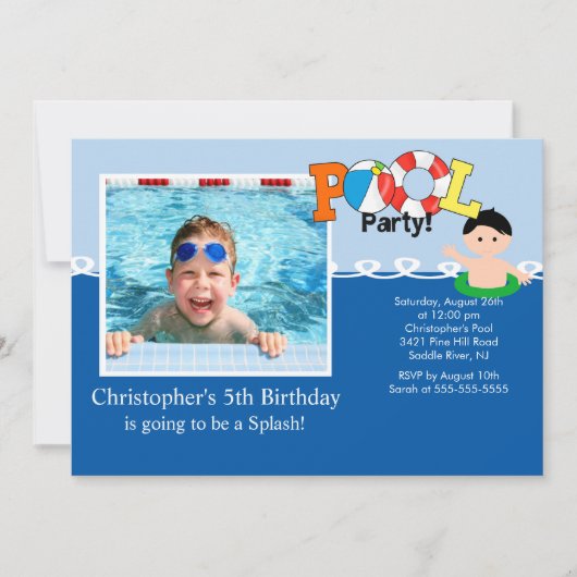 夏のプールを囲んでのパーティの写真の誕生日の招待状 招待状 (正面)