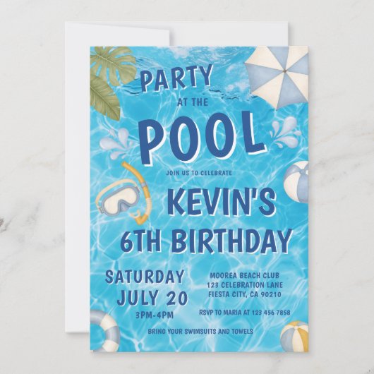 夏のプールキッズの誕生日パーティーの招待状 招待状 (正面)