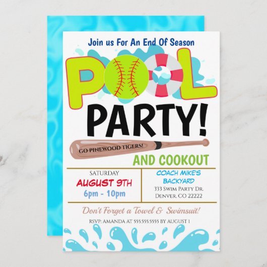 夏のプールソフトボールパーティー招待状 招待状 (正面/裏面)