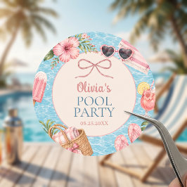 夏のプールパーティーの女の子の誕生日 ラウンドシール