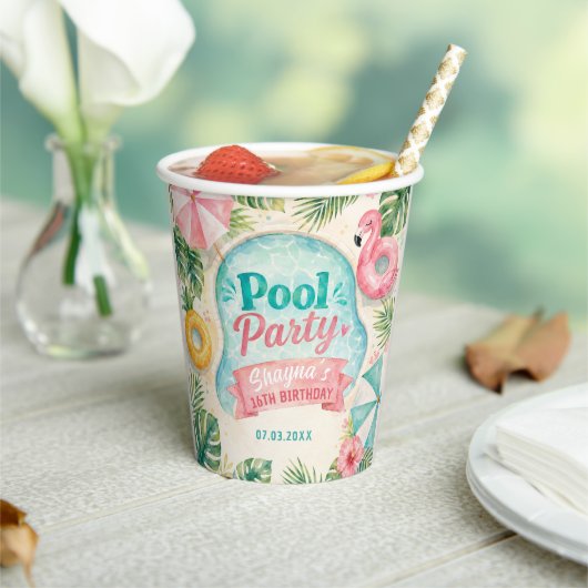 夏のプールパーティーバースデー 紙コップ (インサイチュ)