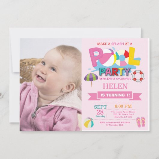夏のプールパーティー招待状 スプラッシュ スプラッシュ ガール 招待状 (正面)