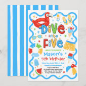 夏のプールパーティー5歳の誕生日おめでとう 招待状 (正面/裏面)