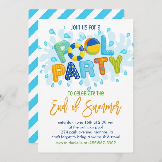 夏のプールパーティー、学校年度末パーティー 招待状 (正面/裏面)