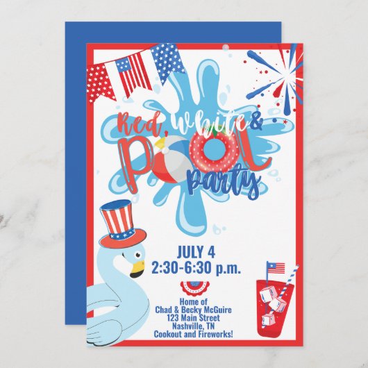 夏のプールパーティー 7月4日 記念日 赤 青 招待状 (正面/裏面)