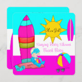 夏のベビーシャワー ガール ビーチ ベイビー サーフィン ベイビー 4 招待状 (正面/裏面)