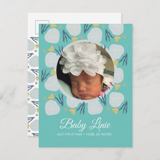 夏のベビービーチ縁どテーマ写真誕生 案内ポストカード (正面/裏面)