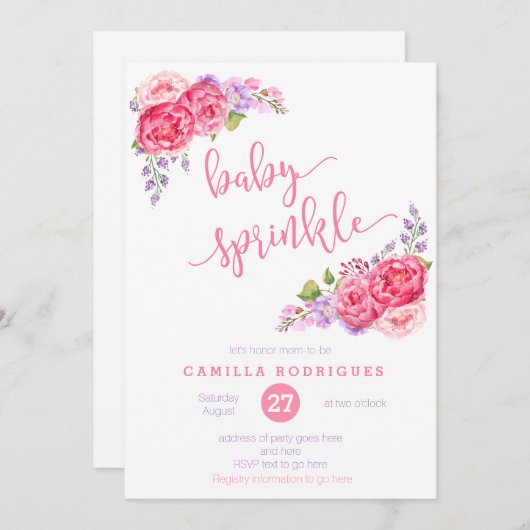 夏のベビー散布招待状、紫のピンク散布 招待状 (正面/裏面)