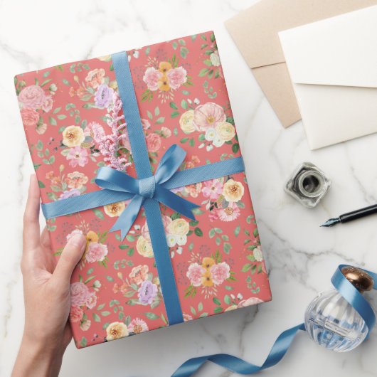 夏のボホフローラオンダークコーラルピンク ラッピングペーパー (ギフト)